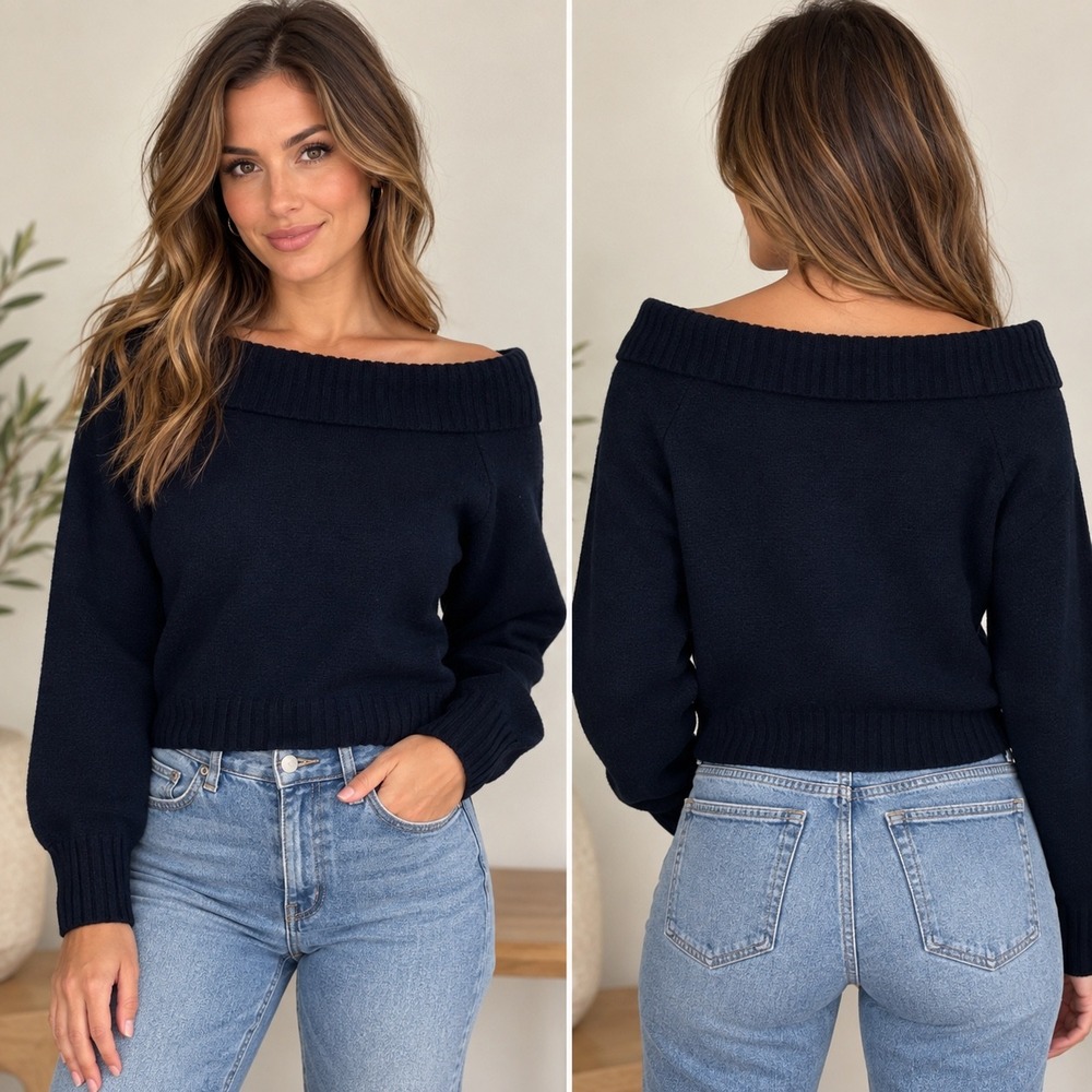 Hollister Navy Blue Off The Shoulder Ribbed Knit Sweater Large